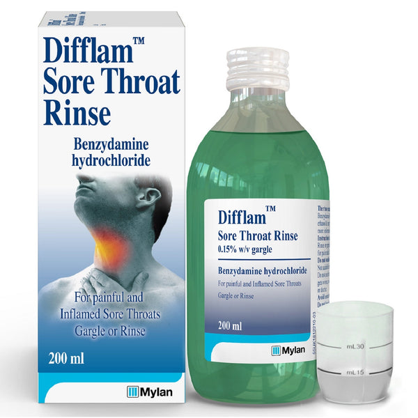 A 200ml bottle of Difflam Sore Throat Rinse - Benzydamine Hydrochloride, with box and measuring cup by Difflam, relieves painful and inflamed sore throats.
