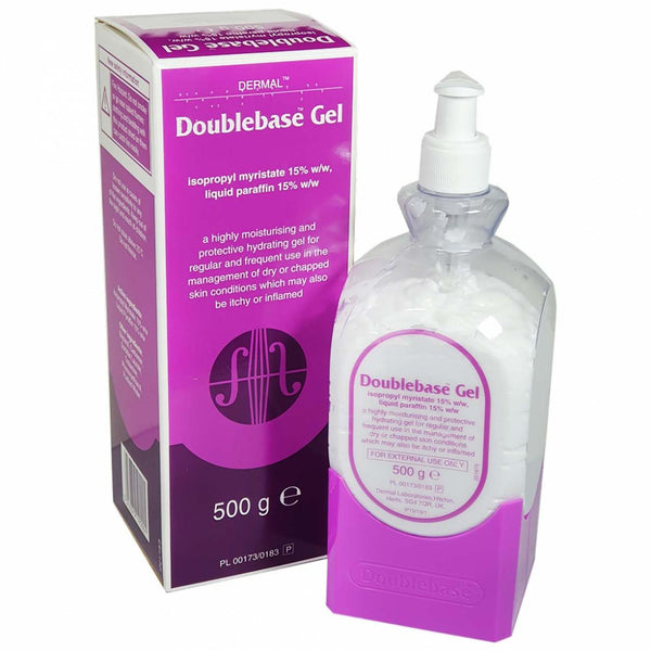 Doublebase Gel Pump (500g) by Doublebase is a moisturizing gel for dry or chapped skin. The purple and white packaging displays product details and ingredients on both the box and the pump bottle.
