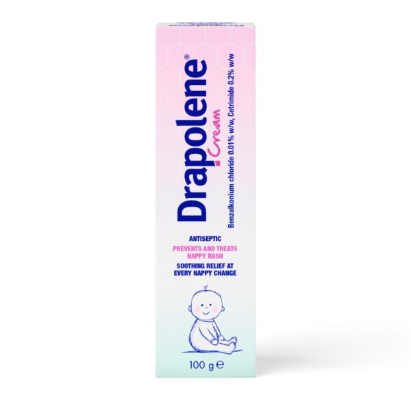 A rectangular box of Drapolene Antiseptic Cream (100g) is depicted. It features a pastel gradient background, highlighting its antiseptic and nappy rash benefits, with an illustration of a baby at the bottom.