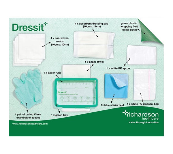 The image displays a Dressit medical kit by Richardson Healthcare on a green background, featuring medium large gloves for optimal hand protection. The kit includes non-woven swabs, absorbent dressing pad, green plastic wrapping, paper ruler, sterile tray, blue sterile field, paper towel, PE apron, and disposal bag.