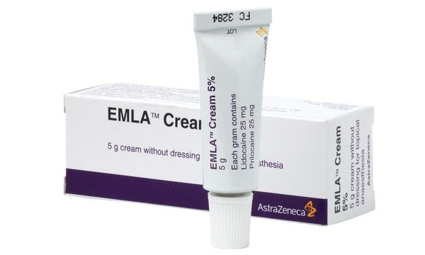 A tube of Emla Numbing Cream 5% (5g) is displayed in front of its box, labeled as a topical anesthetic containing lidocaine and prilocaine by Aspen Pharmacare for numbing and pain relief.