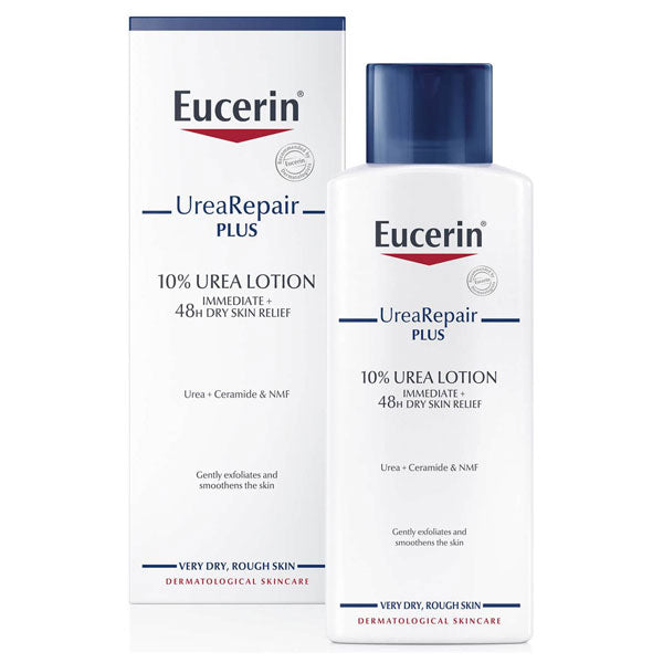 Eucerin Urearepairplus 10% Lotion (250ml) offers a 48-hour relief with its 10% urea formula, ideal for very dry, rough skin. Enriched with ceramide and NMF, it comes in a primarily white bottle and box with blue and red text.