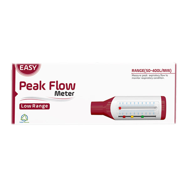 The image shows a box of the TriOn Pharma Easy Peak Flow Meter Low Range, highlighting the Easy and Low Range features. The device measures respiratory flow from 50 to 400 L/min, ideal for Asthma Monitoring and optimizing Respiratory Health.