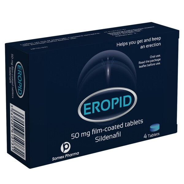 A box of EROPID by Somex Pharma contains four 50 mg Sildenafil tablets. As an over-the-counter medication, it aids in achieving and maintaining an erection to treat erectile dysfunction.