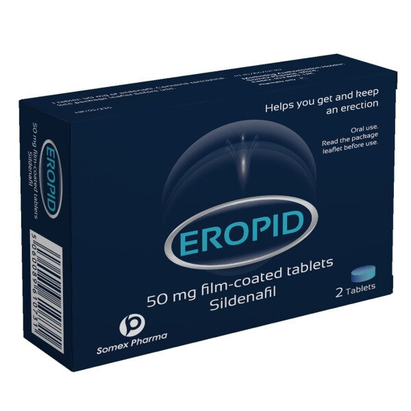 Image of a box of EROPID by Somex Pharma, containing 50 mg sildenafil tablets for erectile dysfunction. The packaging states, Helps you get and keep an erection. Includes 2 film-coated tablets.