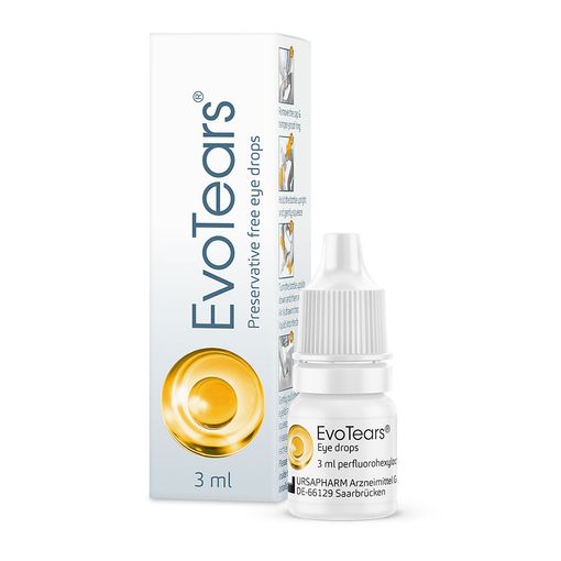 EvoTears Eye Drops (3ml) is ideal for dry eyes, presented in a sleek white box with blue text and a gold design. The matching white bottle is preservative-free, effectively replacing the lipid layer for comfort.