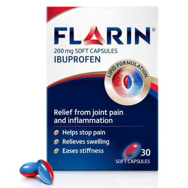 Flarin Ibuprofen 200mg Soft Capsules (30 Capsules) by Flarin, with two capsules in front. Packaging highlights its relief from joint pain, swelling, and inflammation.