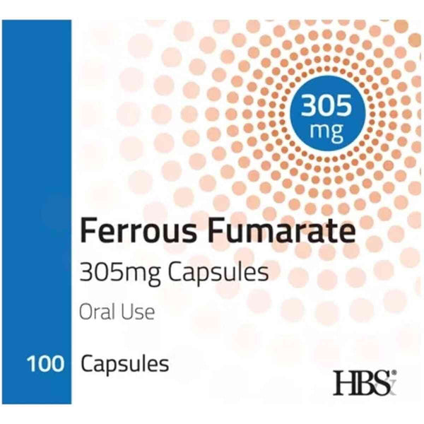 The image shows the Generic brand packaging for Ferrous Fumerate, featuring 305mg capsules to treat iron deficiency anemia. It contains 100 capsules and displays a central 305 mg with a circular dot pattern around it.