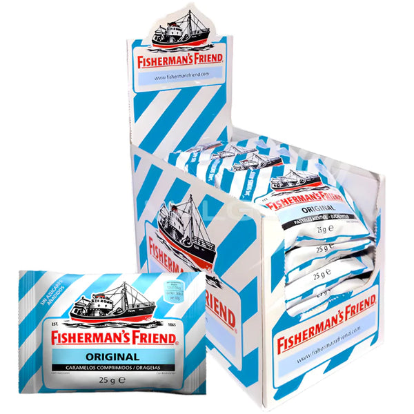 A box of Fishermans Friend Original Menthol Lozenges 25g (24 Packs), featuring blue and white striped packaging with a ship illustration and bold red branding, ideal for soothing throat discomfort.