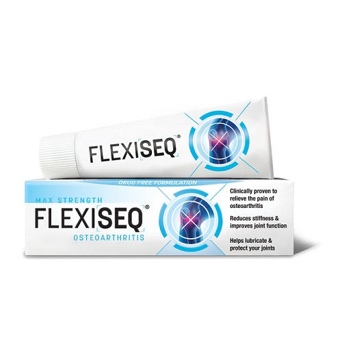 The Flexiseq Max Osteo (30g) box, in white and blue, features a joint image and promotes its drug-free, clinically proven formula for osteoarthritis relief by reducing stiffness and lubricating joints. A matching tube leans against the box, emphasizing effective joint pain relief.