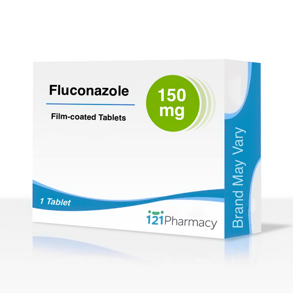 A white box of Fluconazole Capsules (150mg) with a green circle indicating dosage, blue accents, Brand May Vary text on the side, and the 121 Pharmacy logo at the bottom. It is an effective antifungal treatment containing one film-coated tablet.