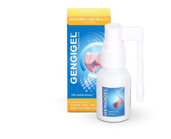 A 20ml bottle of Gengigel Oral Spray with an extended nozzle is in the foreground, while the blue and yellow packaging behind it highlights its benefits for gum health and oral discomfort relief.