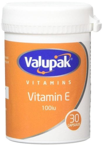 The Valupak Vitamin E 100iu contains 30 tablets in a cylindrical white container with an orange label. Its easy-open hinged lid ensures convenient access to essential Vitamin E, supporting your health and aiding in neural tube defect prevention.