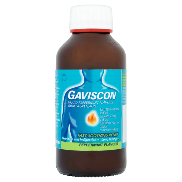 A 300ml bottle of Gaviscon Peppermint, featuring a white cap and a label with a human torso illustration, provides heartburn relief and aids indigestion treatment.