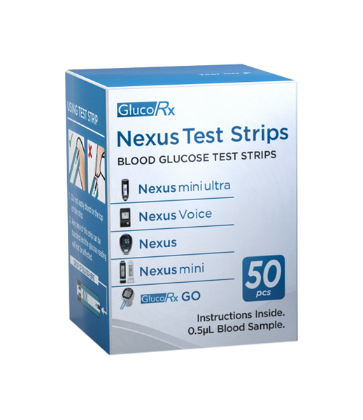 The GlucoRx Nexus Test Strips come in a blue and white box, compatible with Nexus Mini Ultra, Voice, and Mini devices for effective diabetes management. Contains 50 strips.