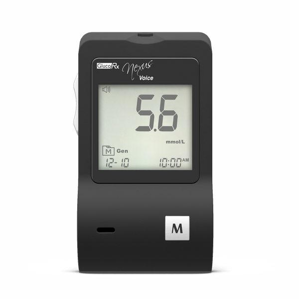 The stylish GlucoRx Nexus Voice Blood Glucose Meter displays a 5.6 mmol/L reading, dated 12-10 at 10:00 AM, and includes an M button for its voice-enabled glucose monitoring feature.