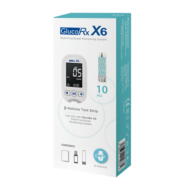 The GlucoRx X6 Blood Ketone Test Strips (10pcs) are ideal for ketogenic diets. The turquoise and white box shows the monitor, features various icons and text, and contains 10 test strips.