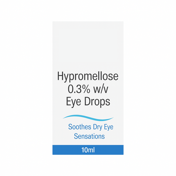 A label for Hypromellose 0.3% (10ml) Eye Drops by Brand May Vary. Text: Soothes Dry Eye Sensations above a blue wave, and 10ml shown at the bottom on a blue background.