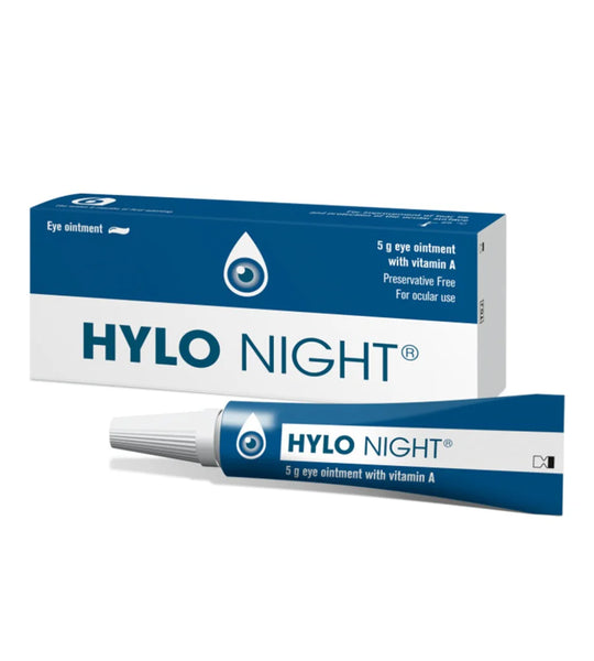 A 5g tube of Hylo Care’s Hylo Night Ointment (4 Pack) is displayed in front of its blue and white packaging. Preservative-free and made for ocular use, its specially formulated to relieve dry eyes.