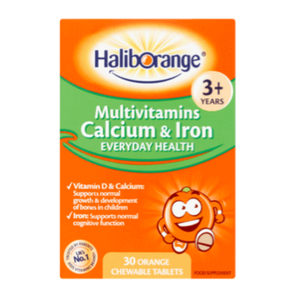 The front of a Seven Seas Haliborange Kids Multivitamins Calcium Iron Vitamin D (30 Tablets) box for ages 3+ features a cartoon orange, highlights key nutrients, and supports everyday health with vitamin D, calcium, and iron.