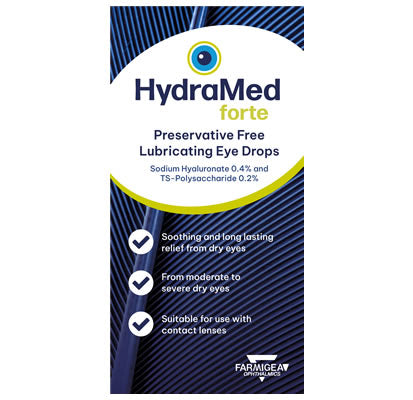 The image highlights a HydraMed Forte 0.4% Eye Drops box, featuring a preservative-free formula with 0.4% Sodium Hyaluronate and 0.2% TS-Polysaccharide, perfect for providing dry eye relief and comfort for contact lens users.