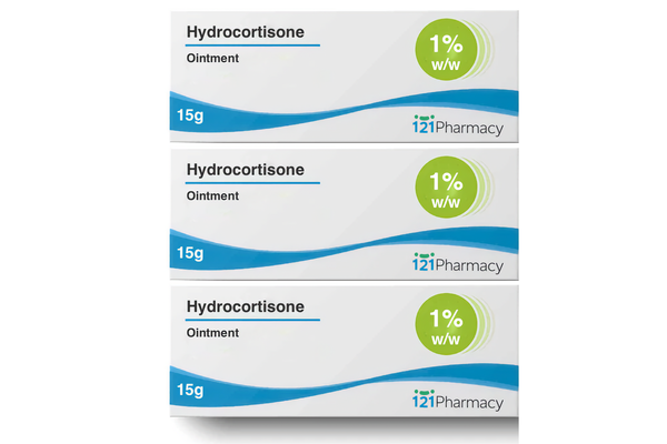 Three boxes of Hydrocortisone Ointment 1% (15g) - 3 Pack, Brand May Vary, for eczema relief or use as an insect bite cream.