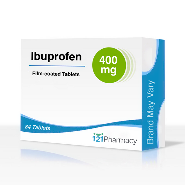 Box of Ibuprofen 400mg (84 tablets) for effective pain relief, labeled Brand May Vary and featuring a blue and white design with the brand name displayed prominently.