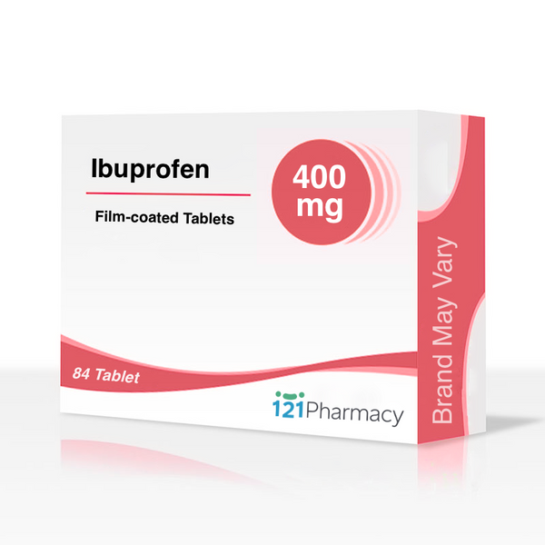 Image of a box from 121 Pharmacy labeled Ibuprofen 400mg Tablets, containing 84 tablets. The white box with pink accents offers reliable NSAID pain relief, noting Brand May Vary.