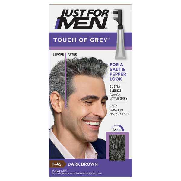 A box of Just For Men Touch of Grey - Dark Brown T-45 hair color, featuring before and after photos of a smiling man with salt and pepper hair. This Just For Men grey hair treatment is easy to use and creates a natural, grey-blended look.