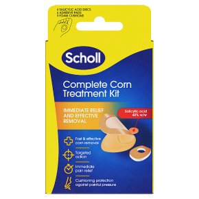 Scholl Complete Corn Removal Treatment Kit (6 plasters) by Scholl provides immediate relief, supports foot health, and contains salicylic acid for effective corn removal on feet. Images show the included plasters.
