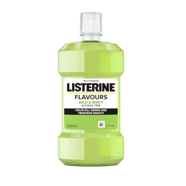 Listerine Mouthwash Mild and Minty (250ml) by Listerine is an alcohol-free, light green mouthwash with a clear cap that helps kill germs and freshens bad breath for better oral hygiene.