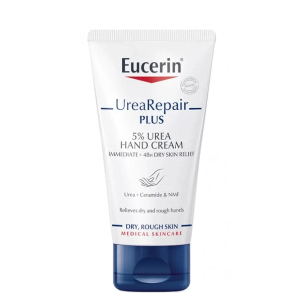 White tube of Eucerin Urea Repair Cream (75ml) with blue cap. Highlights 48-hour relief for dry skin containing urea, ceramide, and NMF. Designed as medical skincare for dry, rough skin.