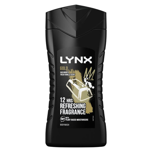 The Lynx Gold Shower Gel (225ml) features a black bottle with gold and white graphics and sleek cap, offering 12 HRS REFRESHING FRAGRANCE and ODOUR PROTECTION. With notes of fresh vanilla scent and enriched with 100% plant-based moisturizers, its ideal for daily grooming.