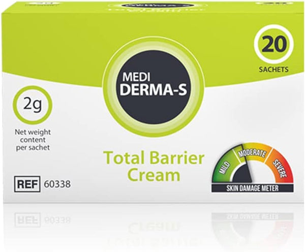 The image shows a green and white box of Medi Derma-s Sachets Total Barrier Cream (2g x 20 Sachets) for skin protection with a waterproof barrier, featuring 20 Sachets in the top right corner and a Skin Damage Meter scale from mild to severe on the bottom right.