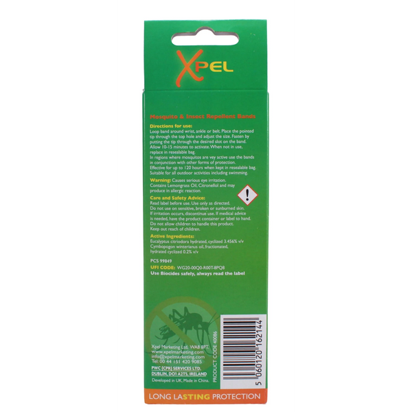 Back of a green Xpel Mosquito and Insect Repellent Bands (2 Bands) box by Xpel, showing product info, usage directions, caution notes, ingredients list, barcode, and a mosquito icon—chemical-free protection from insects.