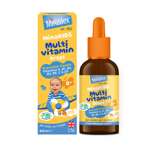 Minadex Minakids Multivitamin Drops (60ml) come in a bottle with an orange dropper next to a vibrant box showing a smiling child and vitamin details—a trusted nutritional supplement for children.