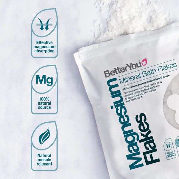 Package of BetterYou Magnesium Flakes - Foot & Body Soak (1kg) with spilled contents. It boasts effective magnesium chloride absorption, 100% natural source, and icons for natural muscle relaxant on the left—ideal for a soothing soak.