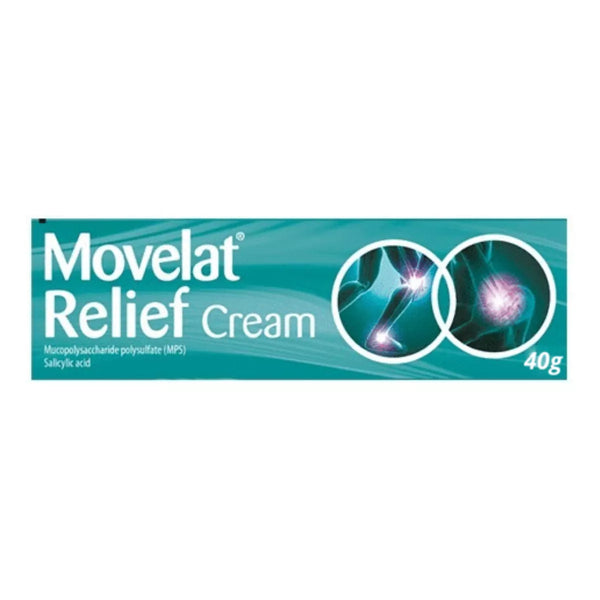 Image of a Movelat Cream Relief (40g) box in green, displaying the product name in white. The packaging highlights joint areas for targeted pain relief. This anti-inflammatory gel includes mucopolysaccharide polysulfate and salicylic acid as key ingredients.