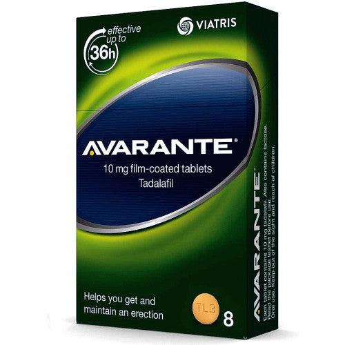 Avarante Tadalafil 10mg Tablets (Pack of 8), with green packaging and a blue oval design, effectively address erectile dysfunction for up to 36 hours.