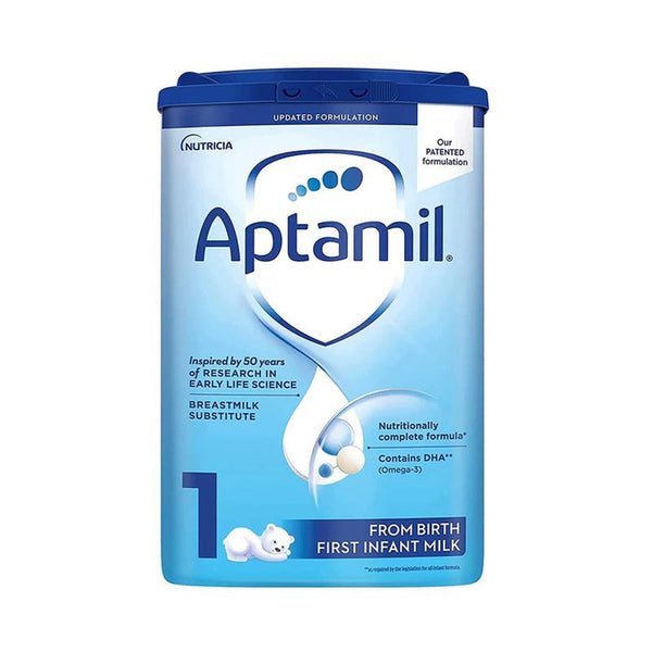 The blue 800g container of Aptamil 1 - First Baby Milk Powder features a shield logo with a bear and is labeled for use from birth. This updated breastmilk substitute contains DHA (Omega-3 LCPs), making it an excellent choice for your babys first infant formula.