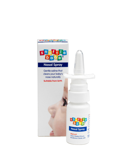 A 75ml bottle of Snufflebabe Nasal Spray is placed in front of its box, which displays a partial image of a baby’s face. This gentle nasal spray from Snufflebabe provides relief for blocked noses and is suitable for use from birth.