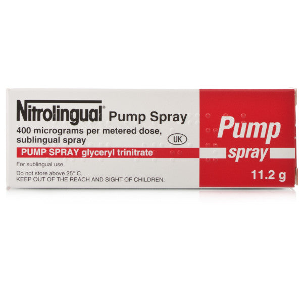 Nitrolingual Spray 400 micrograms/metered dose (180 Dose) by Nitrolingual, a 11.2g sublingual spray of glyceryl trinitrate, comes in mainly white and red packaging with clear instructions for chest pain or angina attacks.