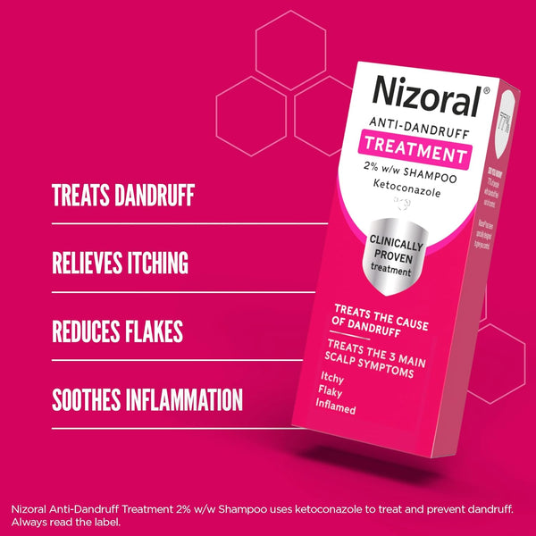 A pink and white Nizoral Anti-Dandruff Shampoo (60ml) box stands upright. The packaging highlights the benefits: treats dandruff with Ketoconazole, relieves itching, reduces flakes, and soothes inflammation. Brand: Nizoral.