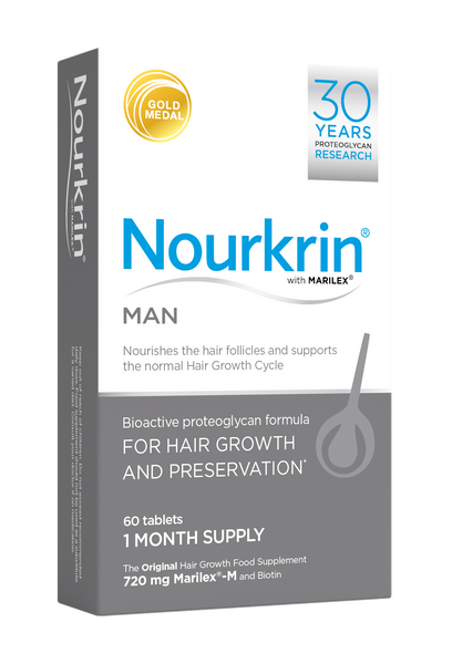 Nourkrin Man Hair Nutrition, featuring 60 tablets for a 1-month supply with Marilex-M and Biotin, highlights a gold medal icon celebrating 30 years of proteoglycan research, emphasizing its advanced dandruff treatment.