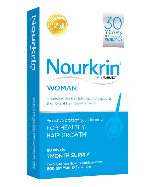 Nourkrin Woman (60 Tablet) by Nourkrin comes in a blue and white box, featuring a gold medal, 30 Years Research, and states it supports healthy hair growth. Contains Marilex marine proteins and biotin for a one-month supply.
