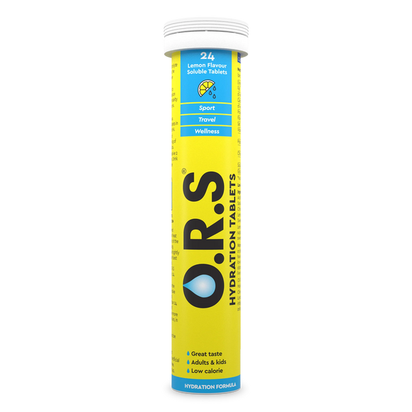 A yellow tube of ORS O.R.S Hydration Tablets Lemon (24 Tablets), offering electrolyte-rich, low-calorie hydration for sport, travel, and wellness. Great-tasting and suitable for adults and kids.