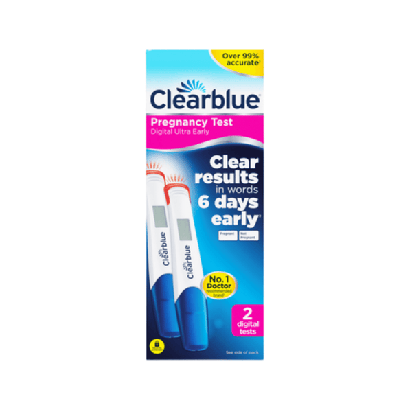 The Clearblue Ultra Early Test (2 Test) from Clearblue comes in a pink and blue box, labeled for digital ultra early detection. It includes two tests that display results in words 6 days early with over 99% accuracy.