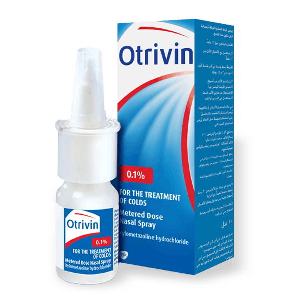 An Otrivine nasal spray bottle is next to its blue box with red and white designs. This decongestant, named Otrivine Adult Metered Dose 0.1% Nasal Spray (10ml), treats cold symptoms by relieving blocked nasal passages with 0.1% xylometazoline hydrochloride.