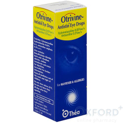 The Otrivine Antistin Eye Drops 10ML box features a blue and yellow design focused on hay fever and allergy relief, highlighting pollen relief benefits with the Otrivine logo at the bottom.