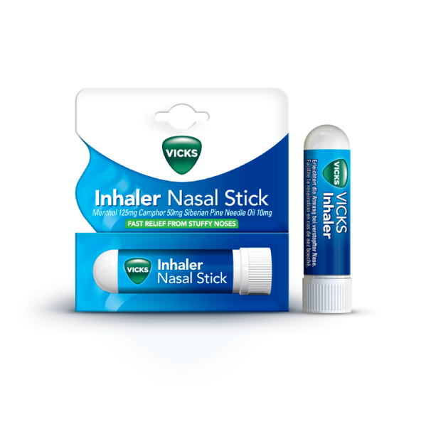 The Vicks Nasal Stick 10g features a white and blue blister pack, highlighting Menthol 125mg, Camphor 50mg, Siberian Pine Needle Oil 10mg. This inhaler stick provides aromatic essential oils for effective nasal congestion relief.